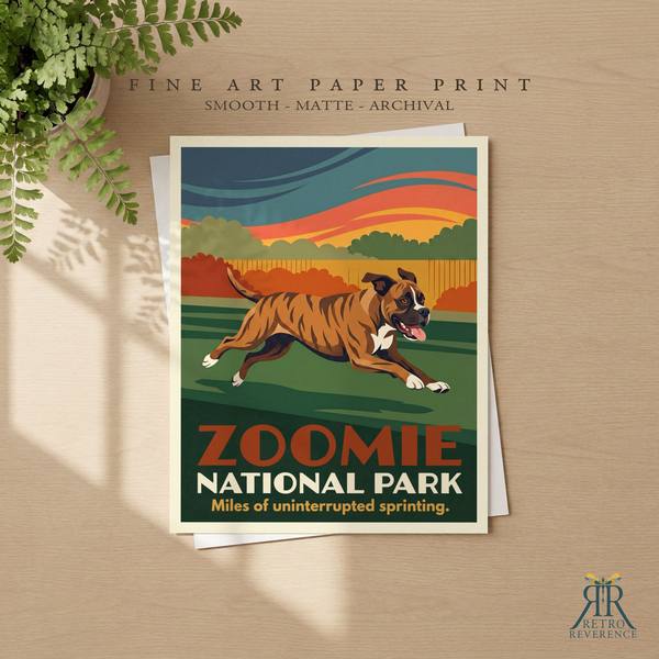 Zoomie National Park custom dog travel poster as a framed fine art paper print.