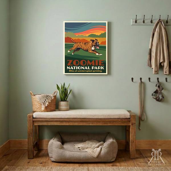 Zoomie National Park custom dog travel poster, framed and hanging on a wall at home.