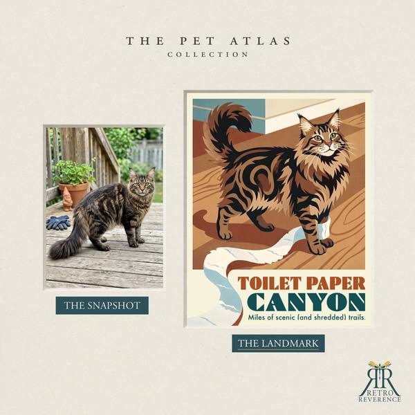 Before and after: a customer photo of their cat beside the finished Toilet Paper Canyon travel poster.