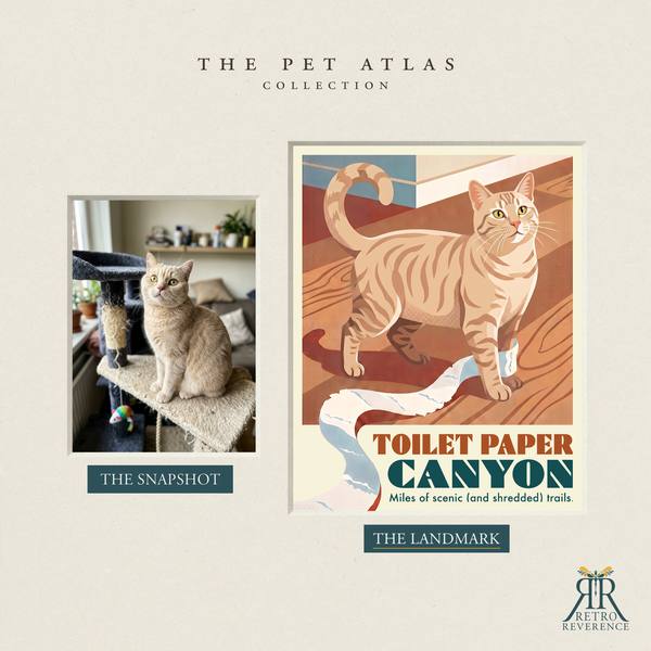 Before and after: a customer photo of their cat beside the finished Toilet Paper Canyon travel poster.