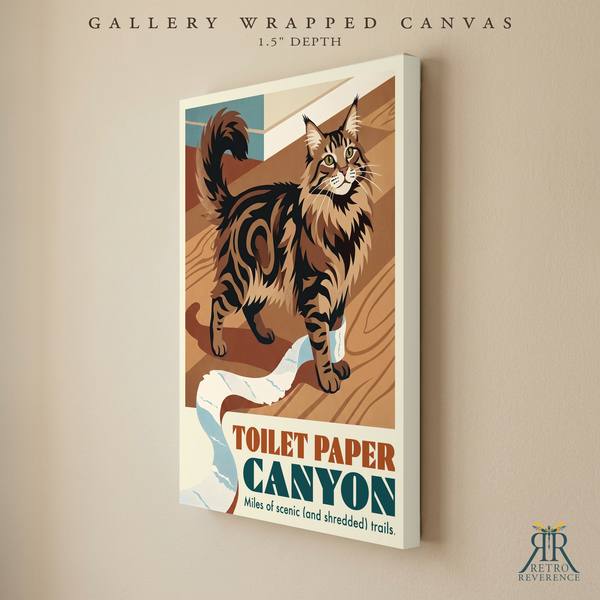 Toilet Paper Canyon custom cat travel poster as a gallery wrapped canvas with finished edges.