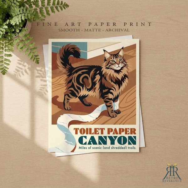 Toilet Paper Canyon custom cat travel poster as a framed fine art paper print.