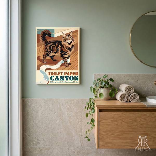 Toilet Paper Canyon custom cat travel poster, framed and hanging on a wall at home.