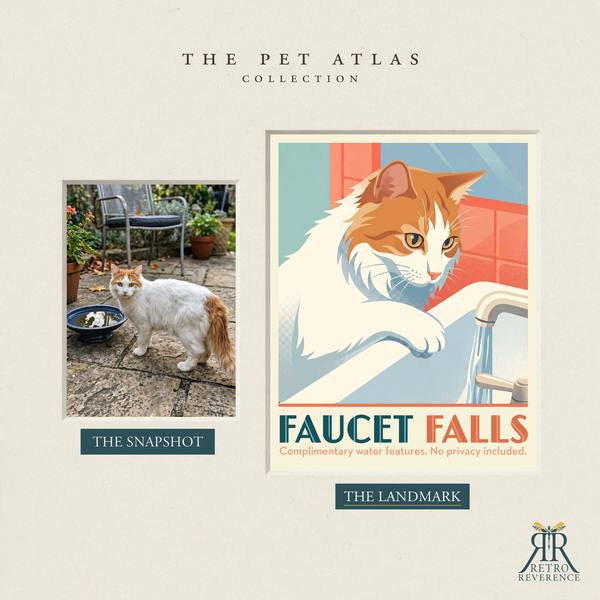 Before and after: a customer photo of their cat beside the finished Faucet Falls travel poster.