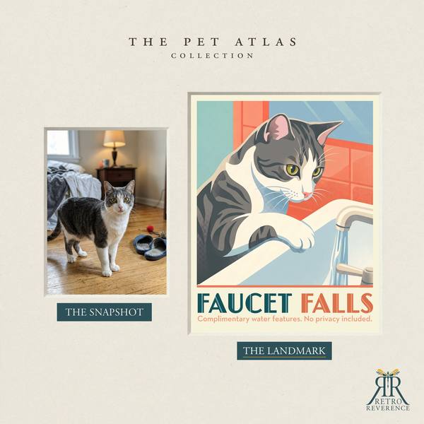 Before and after: a customer photo of their cat beside the finished Faucet Falls travel poster.