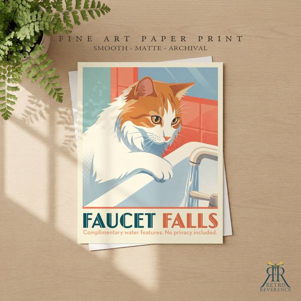 Faucet Falls custom cat travel poster as a framed fine art paper print.