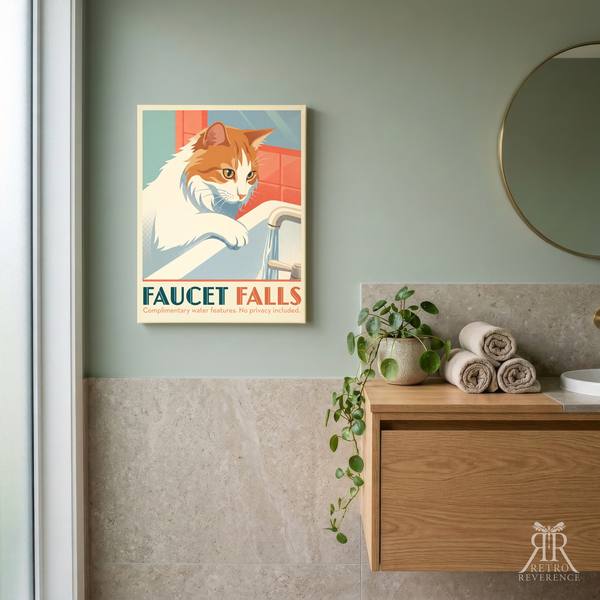 Faucet Falls custom cat travel poster, framed and hanging on a wall at home.