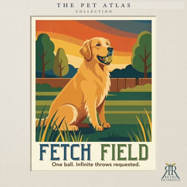Custom dog travel poster: Fetch Field, One ball. Infinite throws requested. Retro travel poster art of a dog.