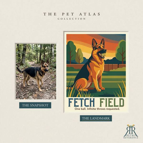 Before and after: a customer photo of their dog beside the finished Fetch Field travel poster.