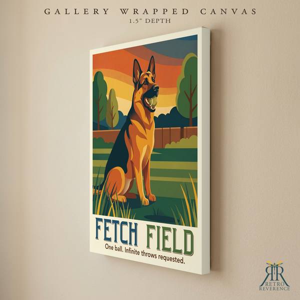 Fetch Field custom dog travel poster as a gallery wrapped canvas with finished edges.