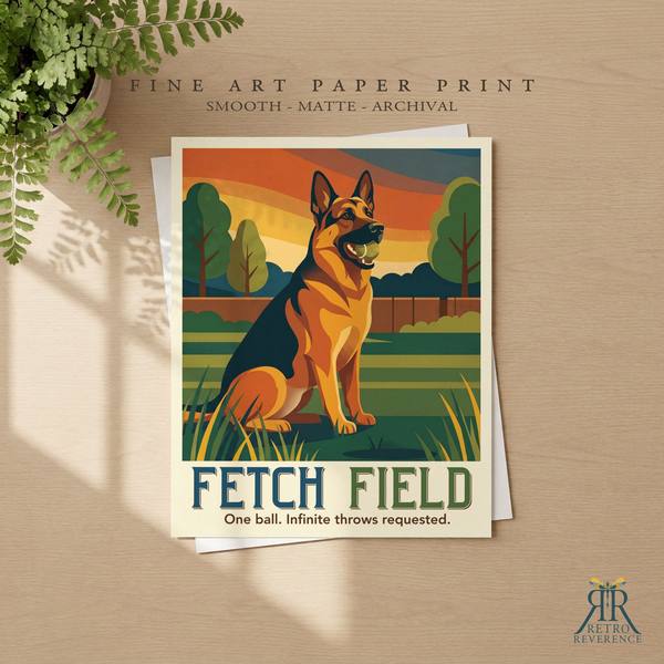 Fetch Field custom dog travel poster as a framed fine art paper print.