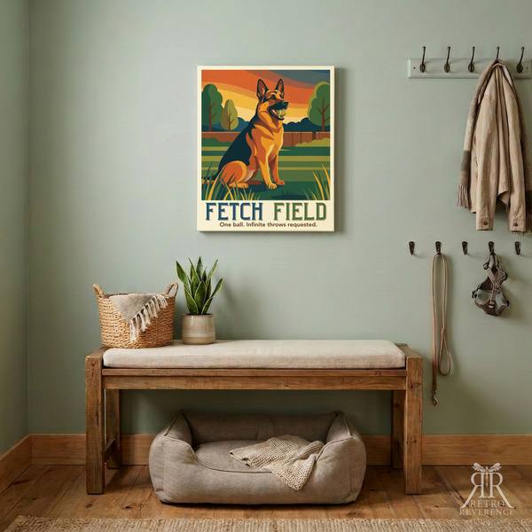 Fetch Field custom dog travel poster, framed and hanging on a wall at home.