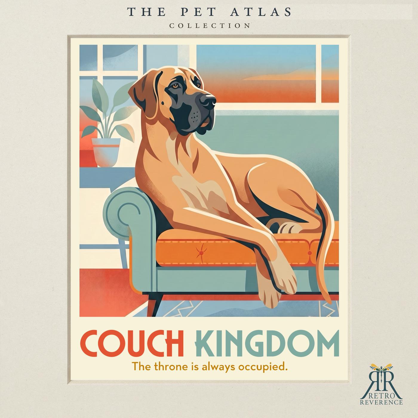 Custom dog travel poster: Couch Kingdom, The throne is always occupied. Retro travel poster art of a dog.