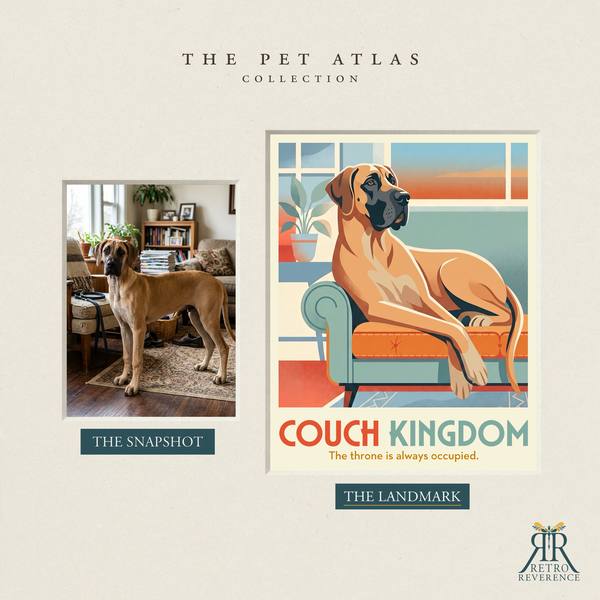 Before and after: a customer photo of their dog beside the finished Couch Kingdom travel poster.