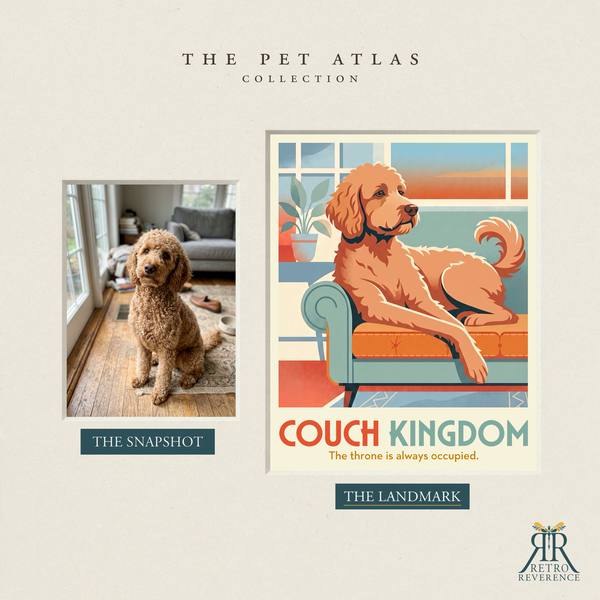 Before and after: a customer photo of their dog beside the finished Couch Kingdom travel poster.