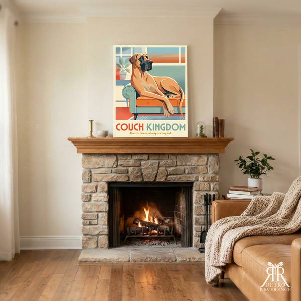 Couch Kingdom custom dog travel poster, framed and hanging on a wall at home.