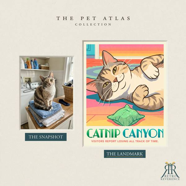 Before and after: a customer photo of their cat beside the finished Catnip Canyon travel poster.
