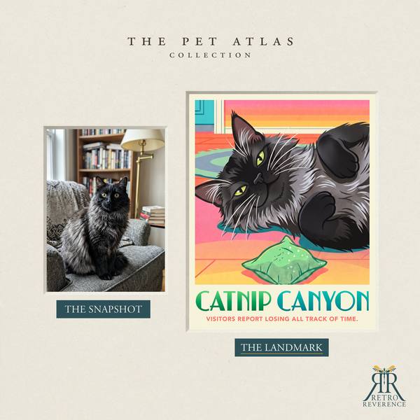 Before and after: a customer photo of their cat beside the finished Catnip Canyon travel poster.