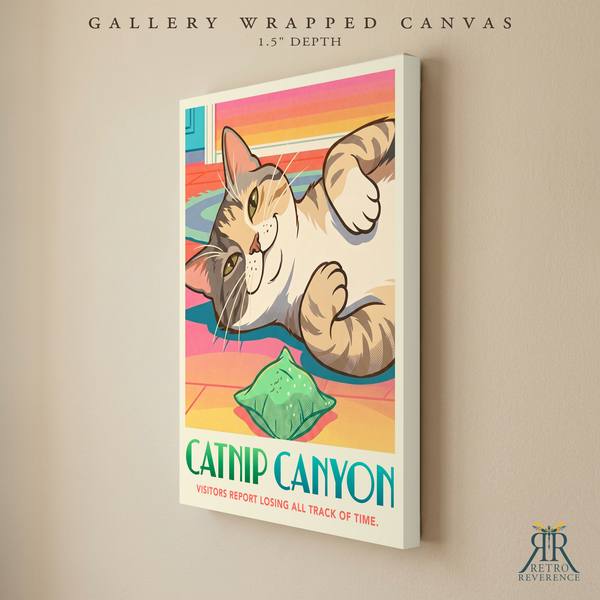 Catnip Canyon custom cat travel poster as a gallery wrapped canvas with finished edges.