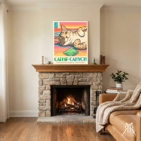 Catnip Canyon custom cat travel poster, framed and hanging on a wall at home.