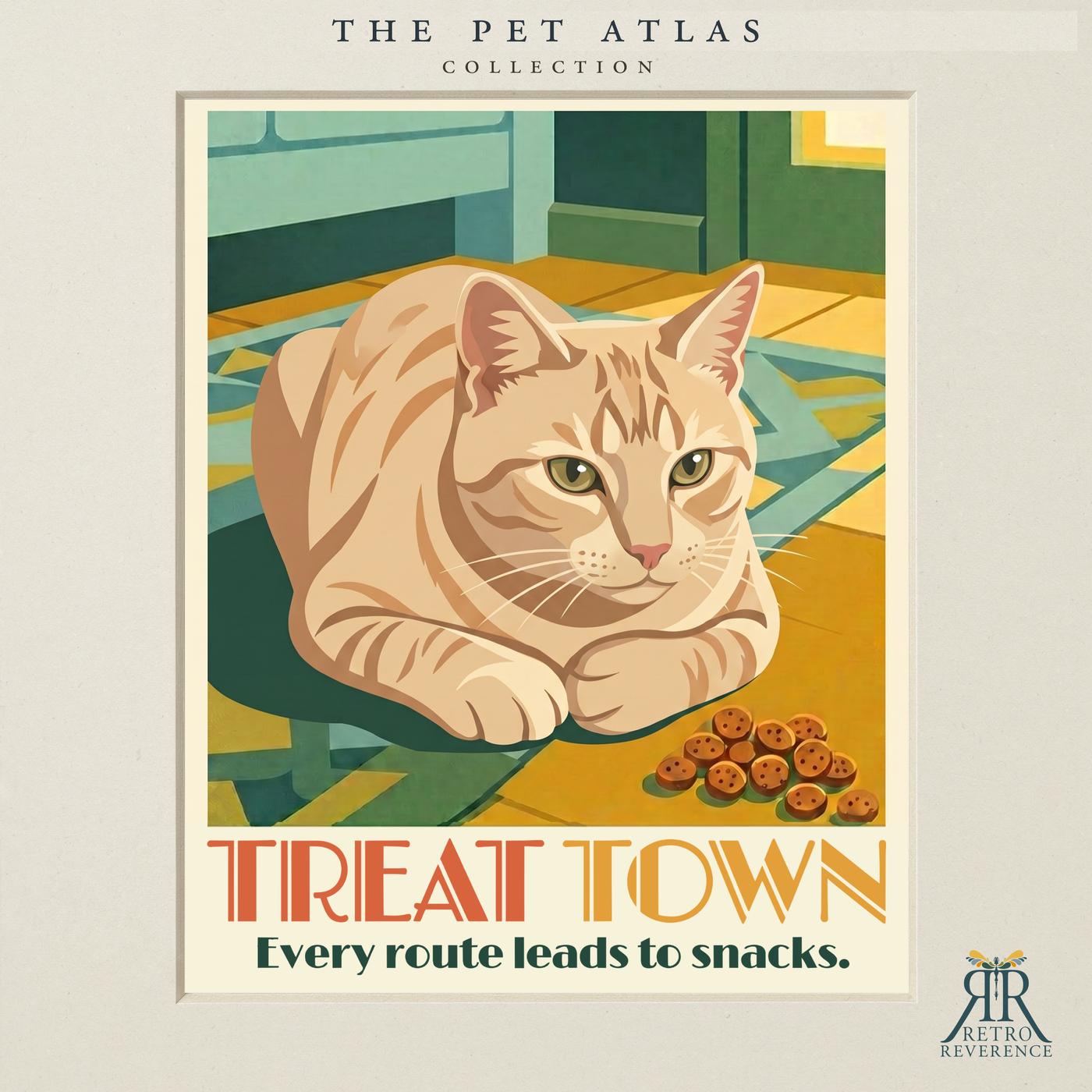 Custom cat travel poster: Treat Town, Every route leads to snacks. Retro travel poster art of a cat.