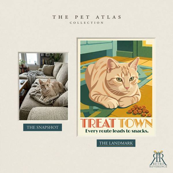 Before and after: a customer photo of their cat beside the finished Treat Town travel poster.