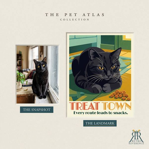 Before and after: a customer photo of their cat beside the finished Treat Town travel poster.