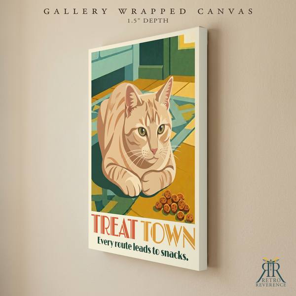 Treat Town custom cat travel poster as a gallery wrapped canvas with finished edges.