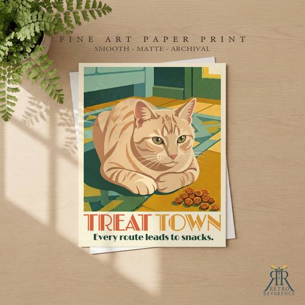 Treat Town custom cat travel poster as a framed fine art paper print.