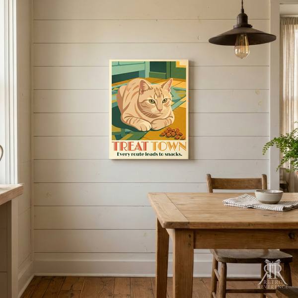 Treat Town custom cat travel poster, framed and hanging on a wall at home.