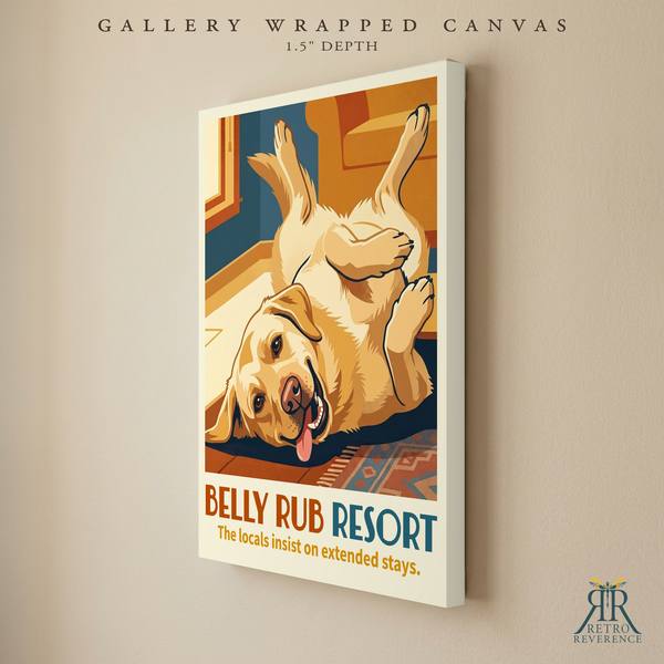 Belly Rub Resort custom dog travel poster as a gallery wrapped canvas with finished edges.