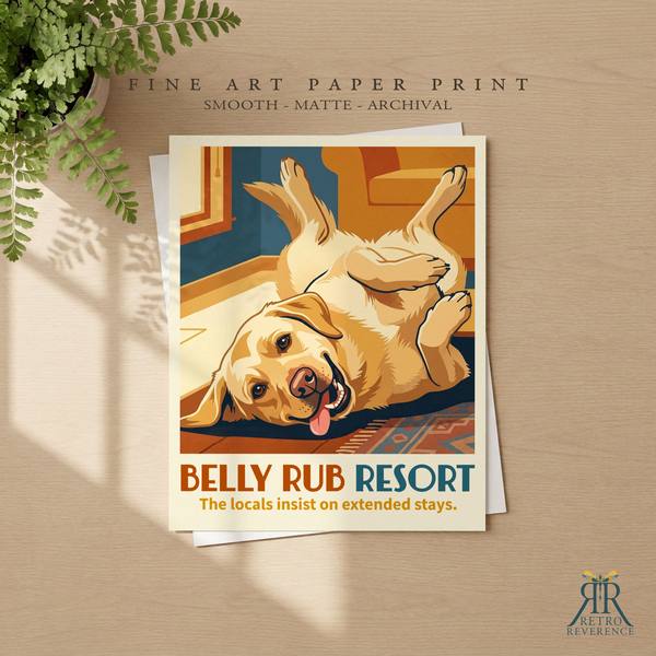Belly Rub Resort custom dog travel poster as a framed fine art paper print.