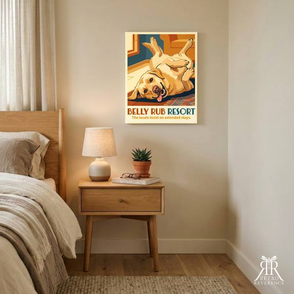 Belly Rub Resort custom dog travel poster, framed and hanging on a wall at home.