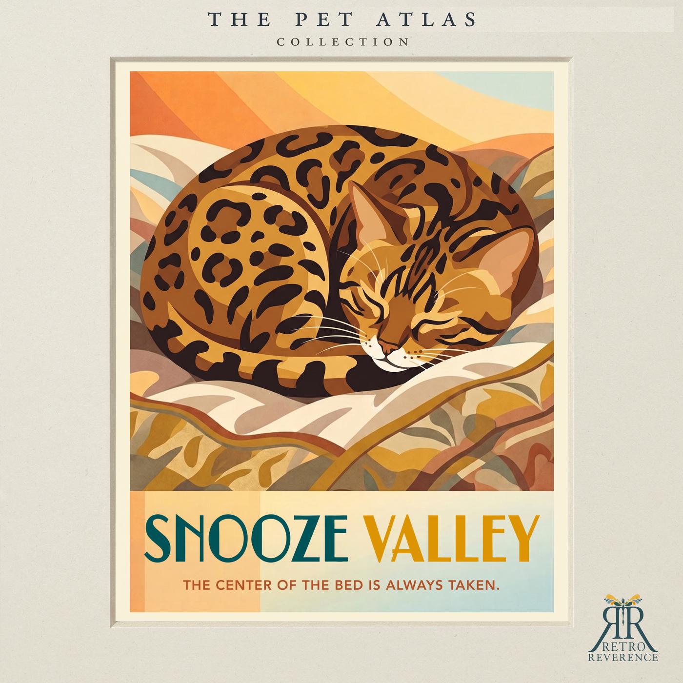 Custom cat travel poster: Snooze Valley, The center of the bed is always taken. Retro travel poster art of a cat.