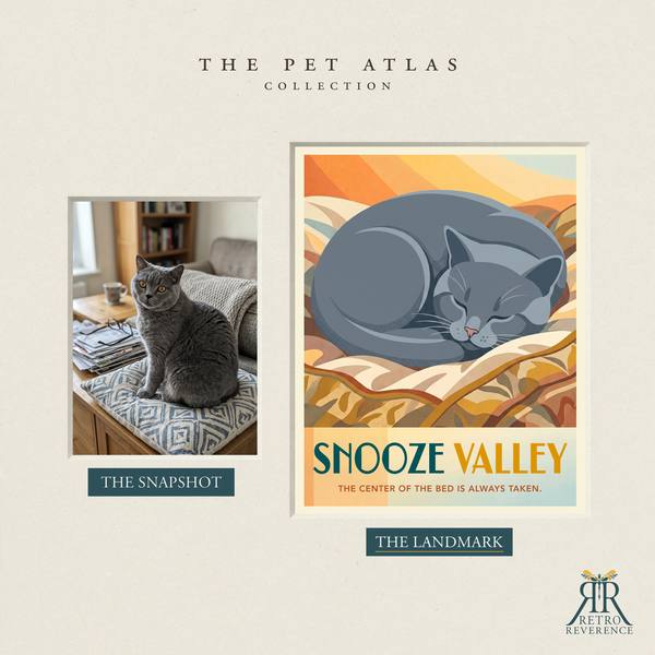 Before and after: a customer photo of their cat beside the finished Snooze Valley travel poster.