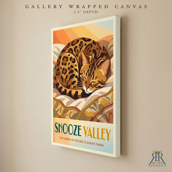 Snooze Valley custom cat travel poster as a gallery wrapped canvas with finished edges.