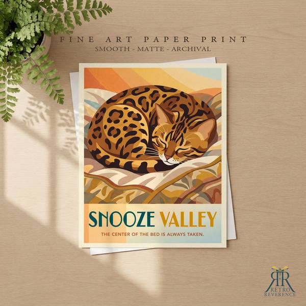 Snooze Valley custom cat travel poster as a framed fine art paper print.