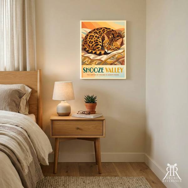 Snooze Valley custom cat travel poster, framed and hanging on a wall at home.