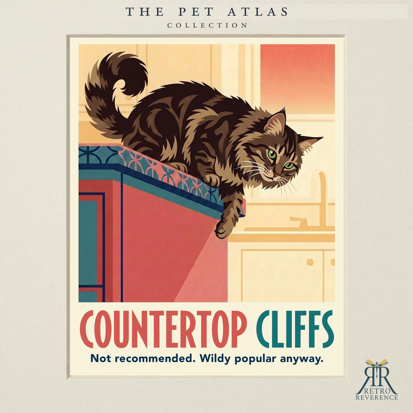 Custom cat travel poster: Countertop Cliffs, Not recommended. Wildly popular anyway. Retro travel poster art of a cat.