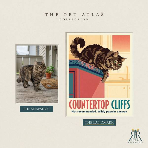 Before and after: a customer photo of their cat beside the finished Countertop Cliffs travel poster.