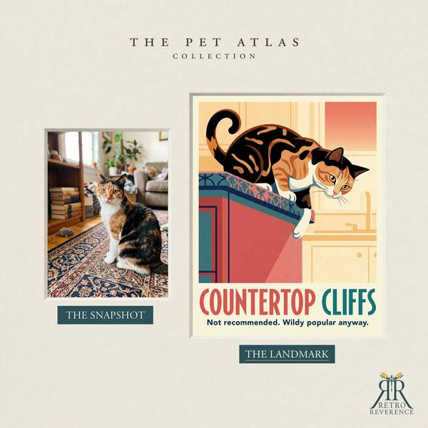 Before and after: a customer photo of their cat beside the finished Countertop Cliffs travel poster.