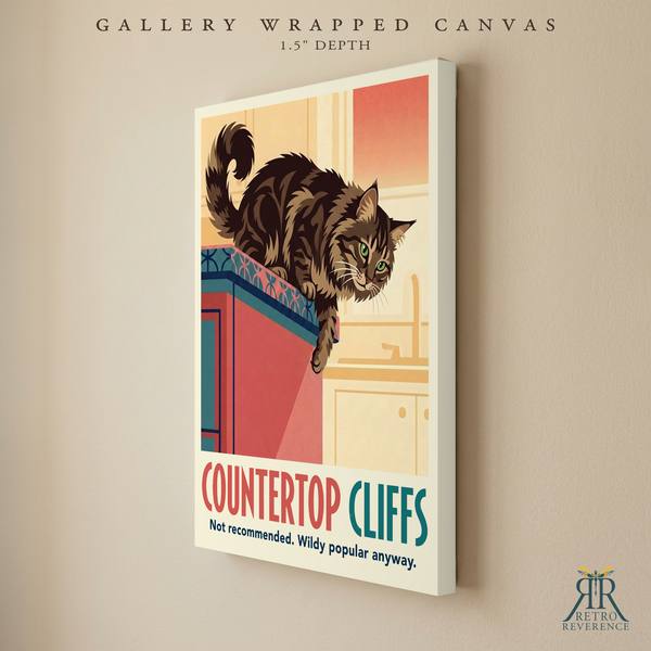 Countertop Cliffs custom cat travel poster as a gallery wrapped canvas with finished edges.