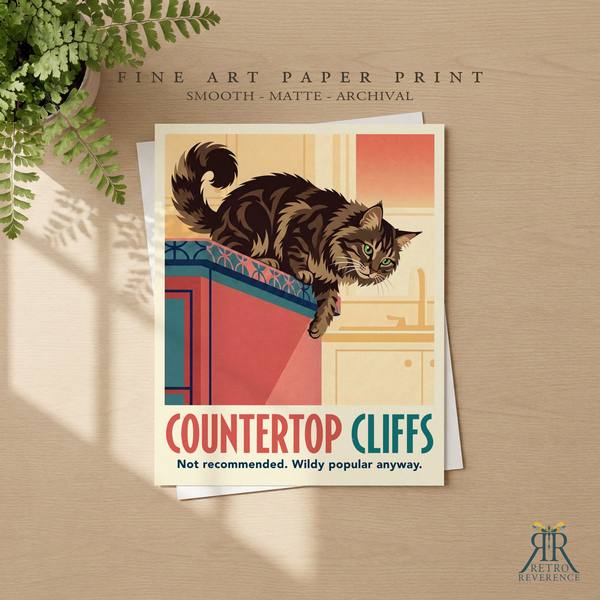 Countertop Cliffs custom cat travel poster as a framed fine art paper print.