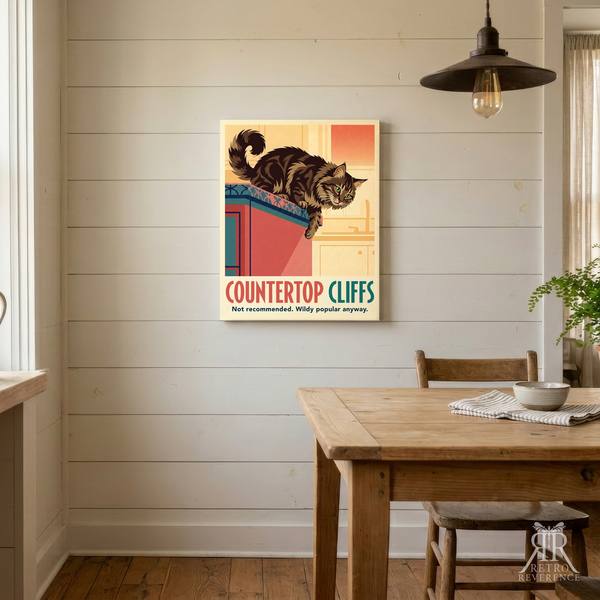 Countertop Cliffs custom cat travel poster, framed and hanging on a wall at home.