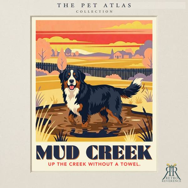 Custom dog travel poster: Mud Creek, Up the creek without a towel. Retro travel poster art of a dog.