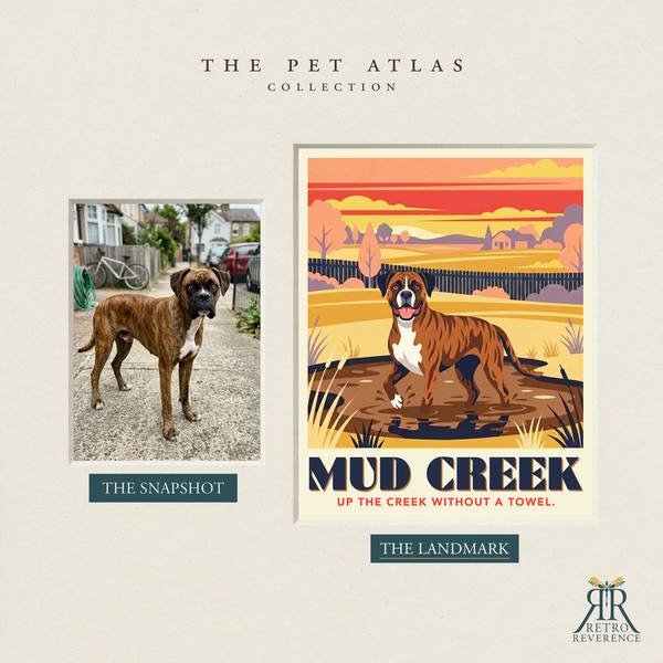 Before and after: a customer photo of their dog beside the finished Mud Creek travel poster.