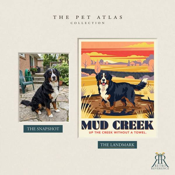 Before and after: a customer photo of their dog beside the finished Mud Creek travel poster.