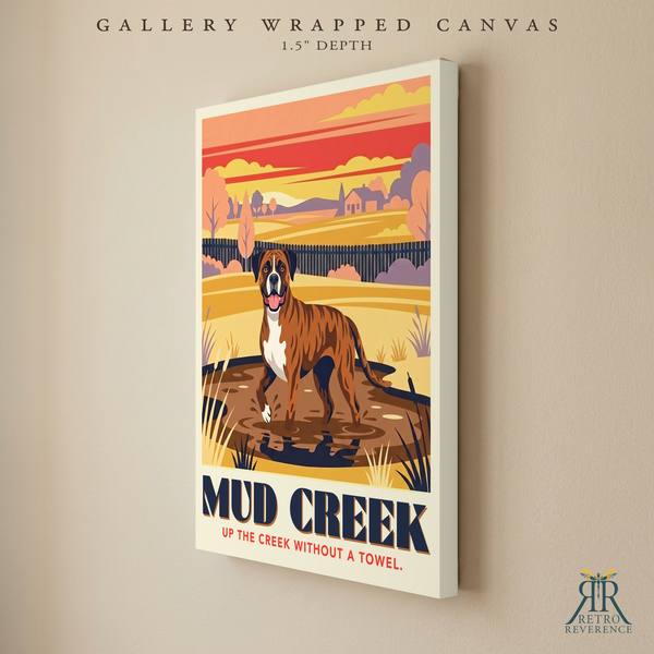 Mud Creek custom dog travel poster as a gallery wrapped canvas with finished edges.