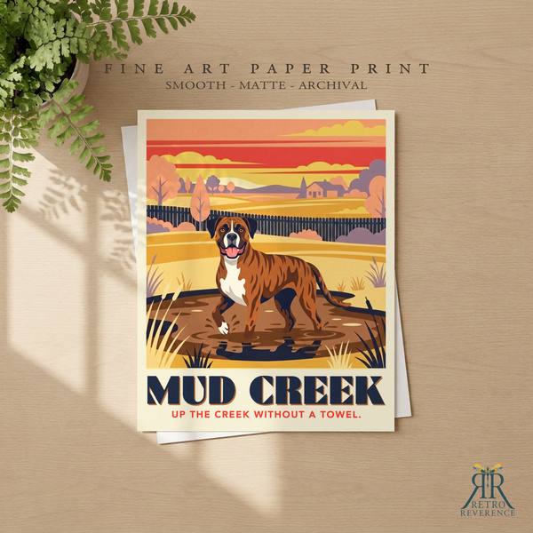Mud Creek custom dog travel poster as a framed fine art paper print.