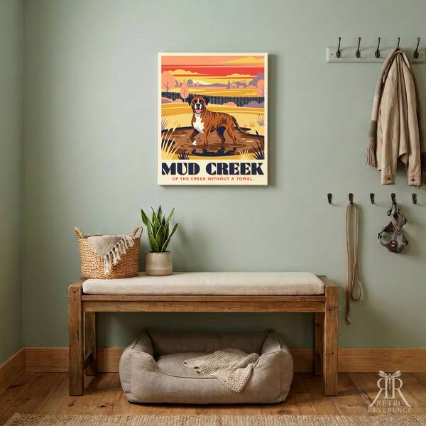 Mud Creek custom dog travel poster, framed and hanging on a wall at home.